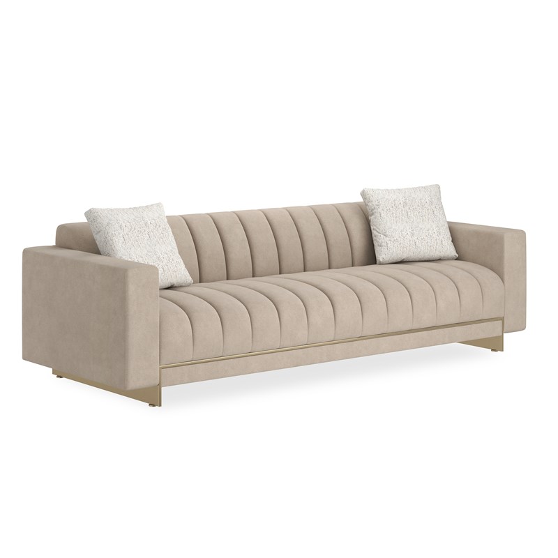 Caracole 105 Well Balanced Sofa, modern tufted sofa, luxury gold base sofa, Moonstone fabric sofa, Italian design sofa, contemporary living room furniture, large upholstered sofa.