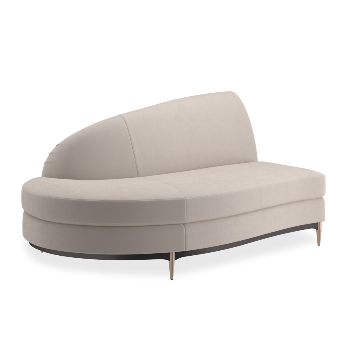 Three’s Company LAF Chaise by Caracole featuring a sculpted velvet seat, button-tufted backrest, and sleek Champagne Gold metal legs.