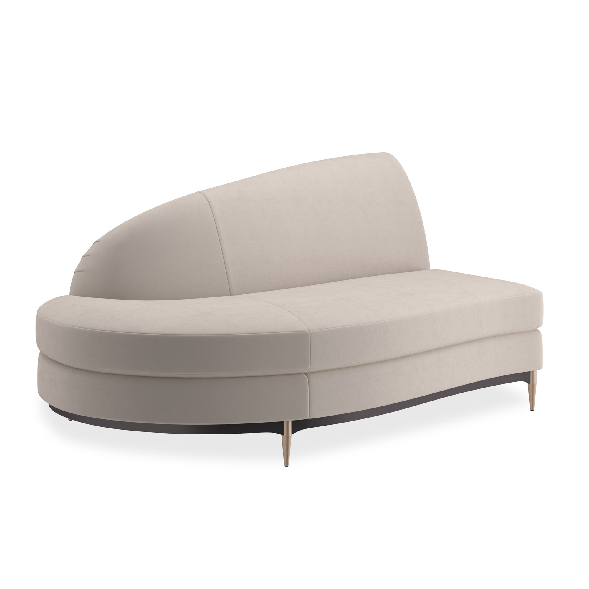 Three’s Company LAF Chaise by Caracole featuring a sculpted velvet seat, button-tufted backrest, and sleek Champagne Gold metal legs.