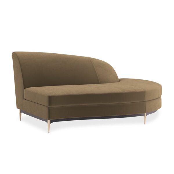 The Three's Company RAF Chaise by Caracole is a luxurious and sculptural piece that embodies the glamour of the Hollywood Regency era. Its curved silhouette, sumptuous upholstery, and refined details make it a standout addition to any modern living space.