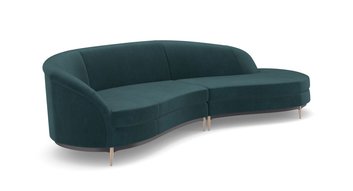 Two-piece velvet sectional with a gently curved design, tapered metal legs, and Almost Black wood detailing, Three’s Company by Caracole.