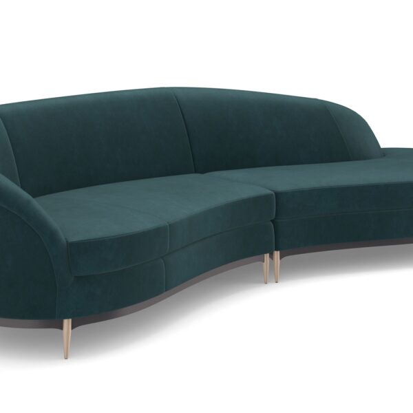 Two-piece velvet sectional with a gently curved design, tapered metal legs, and Almost Black wood detailing, Three’s Company by Caracole.