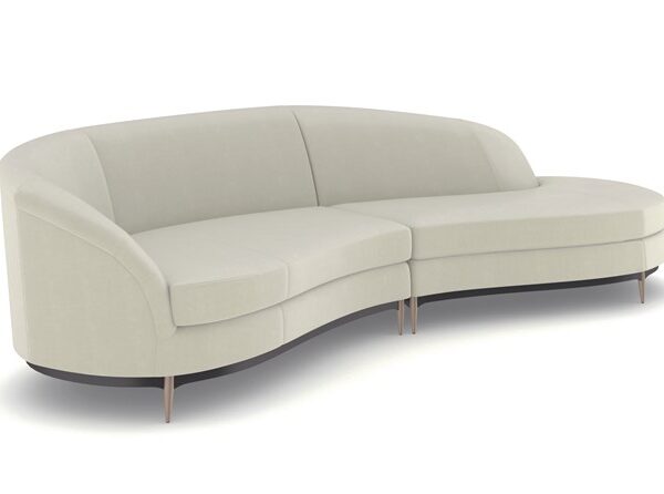 Elegant sectional sofa with a soft velvet surface, curved design, and exposed wood trim in Almost Black, Three’s Company by Caracole.