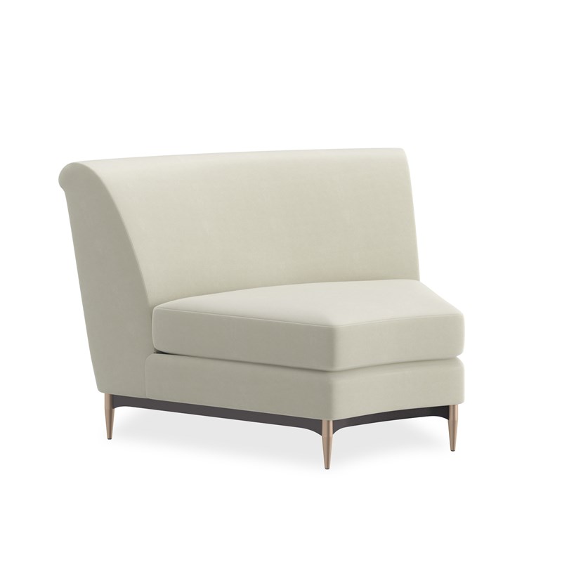 The Three's Company Wedge by Caracole is a luxurious and sculptural piece that embodies the glamour of the Hollywood Regency era. Its curved silhouette, sumptuous upholstery, and refined details make it a standout addition to any modern living space.