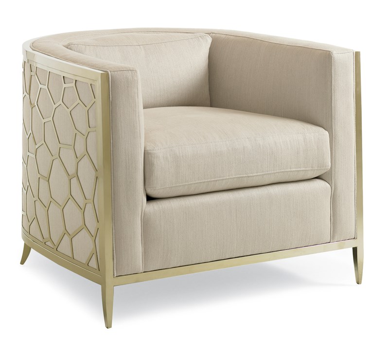Modern barrel-back chair featuring a custom-designed pierced metal frame with a honeycomb pattern, finished in Gold Bullion, and upholstered in off-white linen-blend fabric with a micro-herringbone design