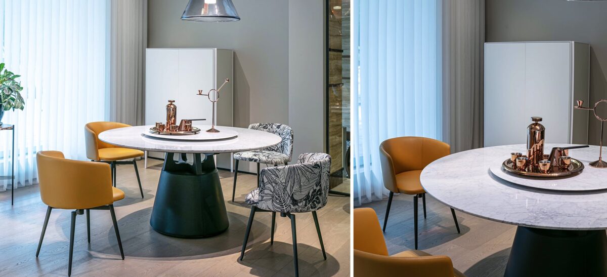 Unity Table L with a polished wood surface and modern metal base by Camerich.
