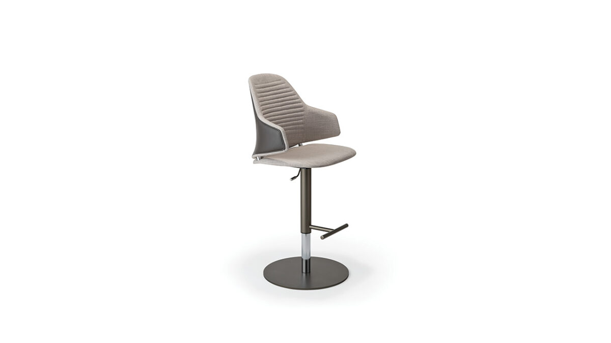 Luxury Vela Sgabello bar stool by Reflex Angelo in Royal Oak, MI – with a resin and wood shell, upholstered in leather or fabric, quilted backrest, and a height-adjustable metal base in titanium finish.