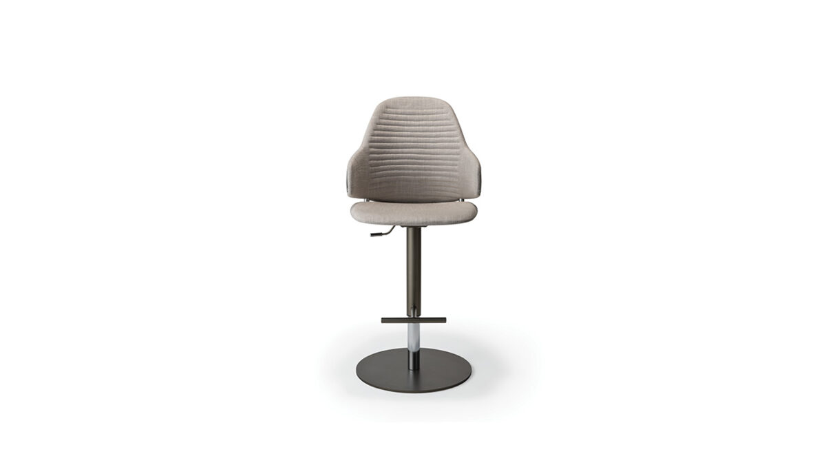 Luxury Vela Sgabello bar stool by Reflex Angelo in Royal Oak, MI – with a resin and wood shell, upholstered in leather or fabric, quilted backrest, and a height-adjustable metal base in titanium finish.