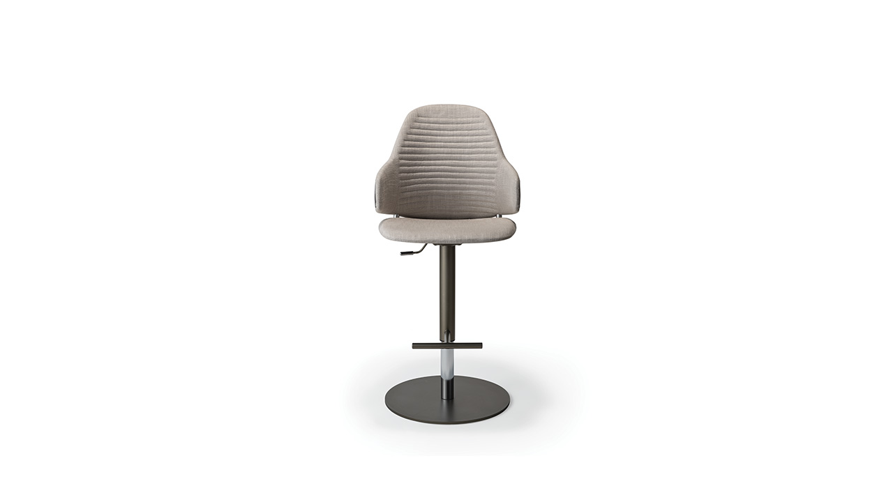 Luxury Vela Sgabello bar stool by Reflex Angelo in Royal Oak, MI – with a resin and wood shell, upholstered in leather or fabric, quilted backrest, and a height-adjustable metal base in titanium finish.