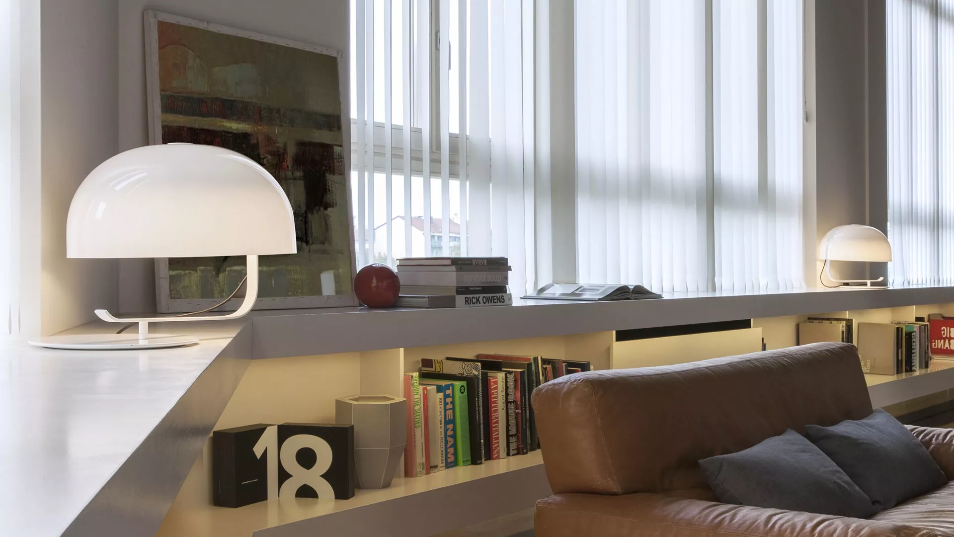 “Zanuso by Oluce modern Italian table lamp – sleek geometric design with cylindrical metal base and glass diffuser