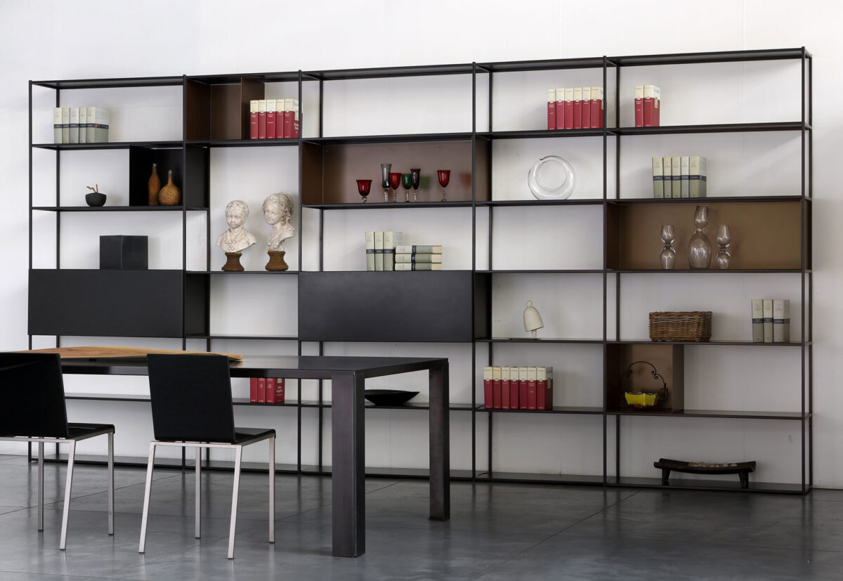 Minimalist steel shelf unit with integrated storage boxes by Zeusnoto.