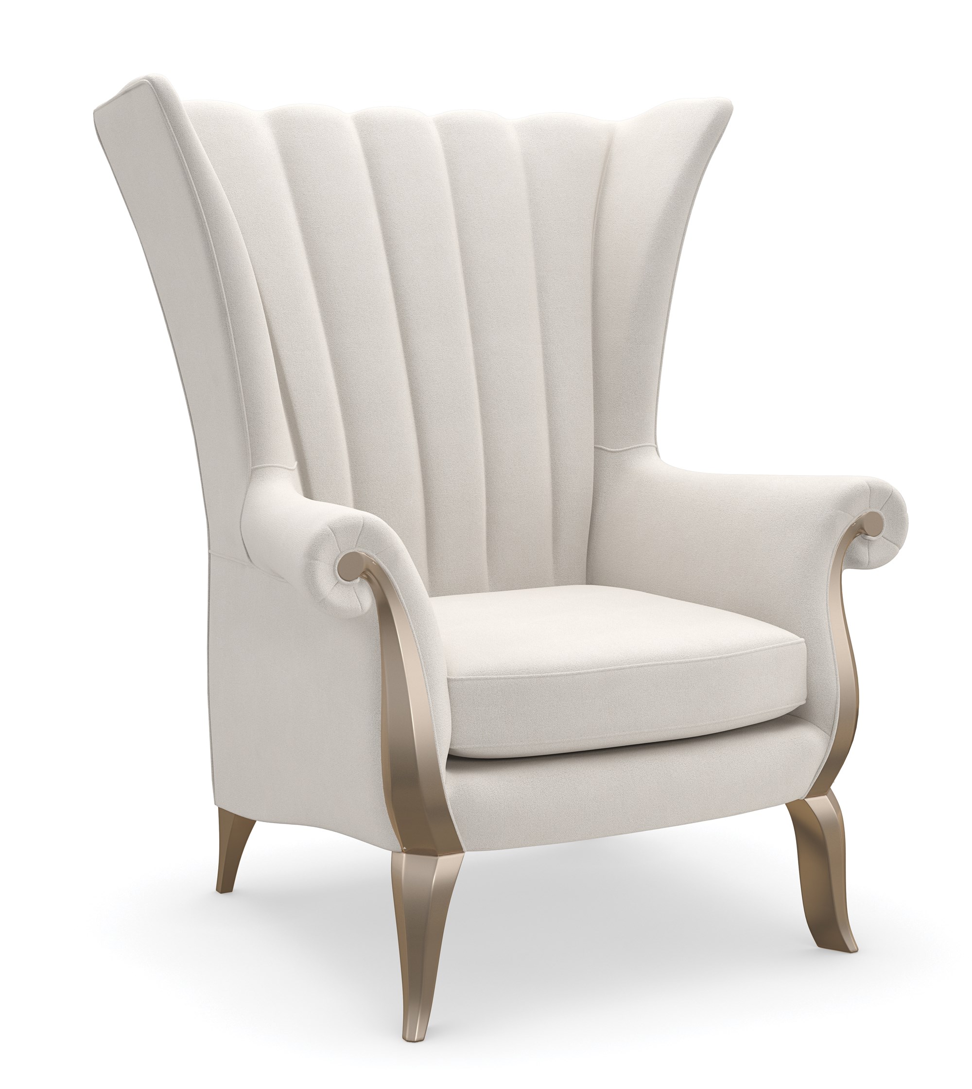 The Caracole Valentina Accent Chair, a sophisticated wing chair with a tall channel-tufted back, wood-trimmed roll arms, upholstered in a light cream pin-dot fabric, and featuring exposed wood details in a Golden Shimmer finish.