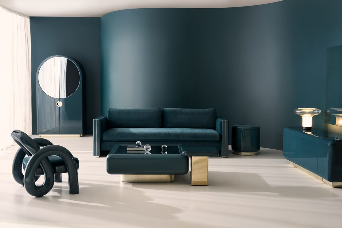 Gelee Cocktail Table – Apatite by Caracole, featuring a translucent resin top in a vibrant blue-green hue.