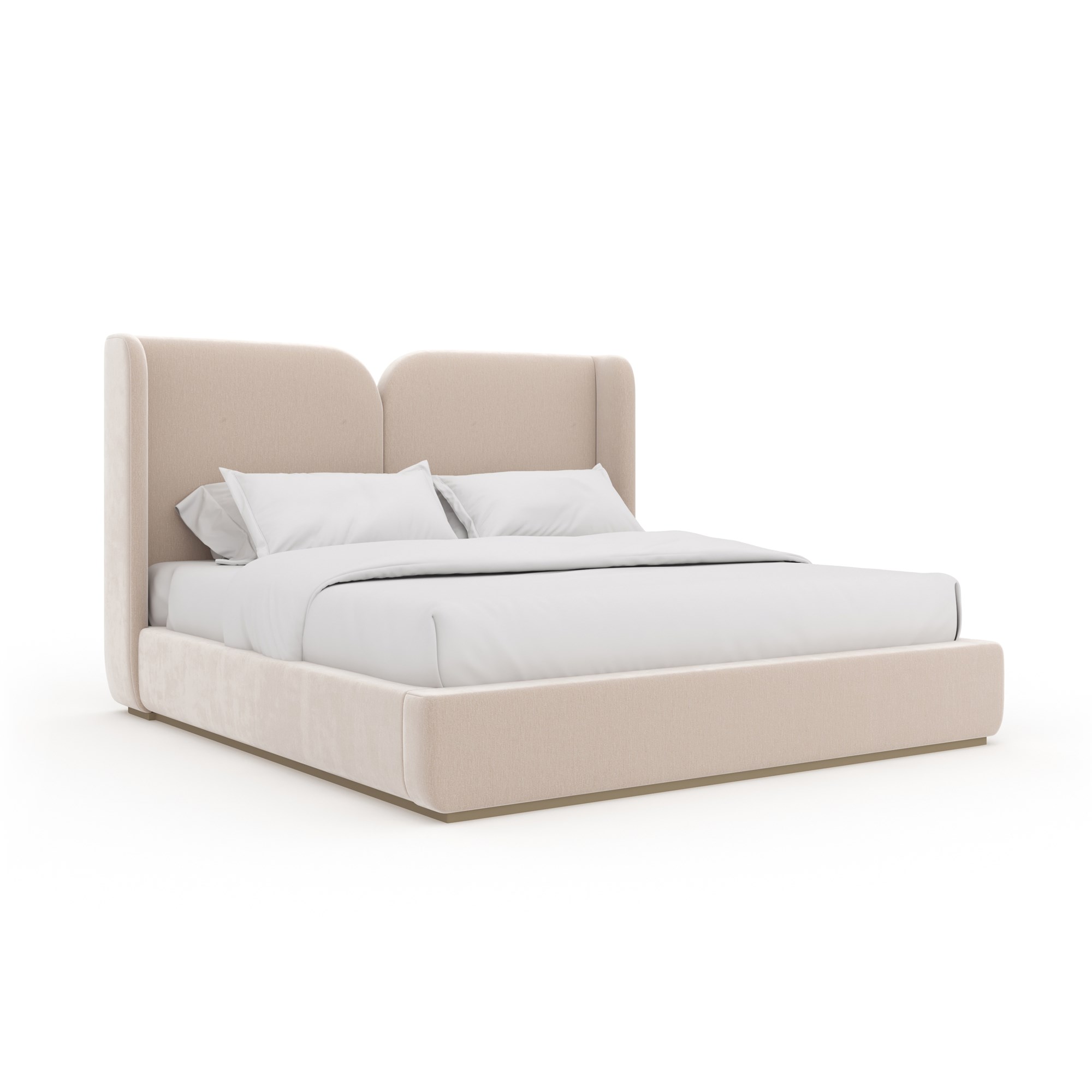 Caracole Oblique King Bed featuring a fully upholstered frame in Splendid Ivory vintage velvet, with a dramatic cleft at the center of the camelback headboard that gracefully extends along the back sides, resting on a thin plinth base finished in Soft Silver Paint Gloss.