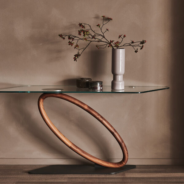 “TOUR by Cattelan Italia – round designer dining table with rotating glass top and sculptural wooden base”