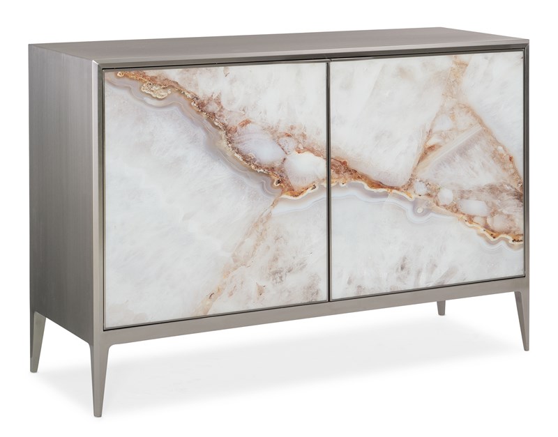 Rock Steady by Caracole — a bold cocktail table with a sculptural stone-look base and sleek top.