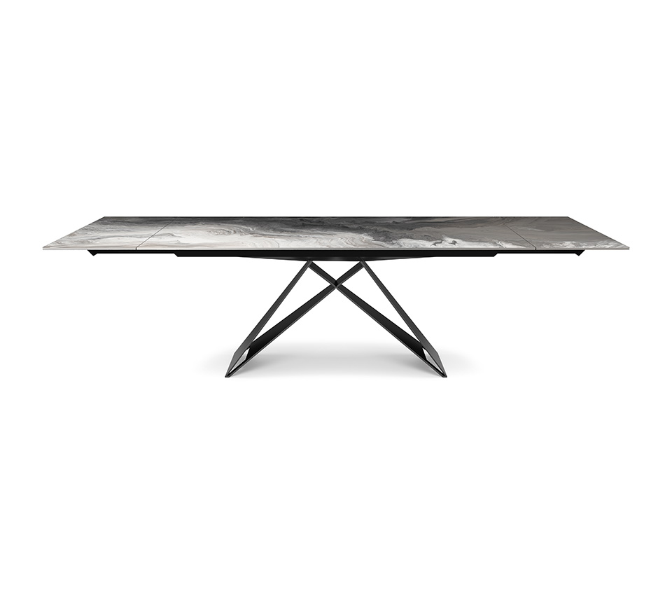 “PREMIER Crystalart Drive by Cattelan Italia – extendable dining table with artistic printed glass top and angular steel base”