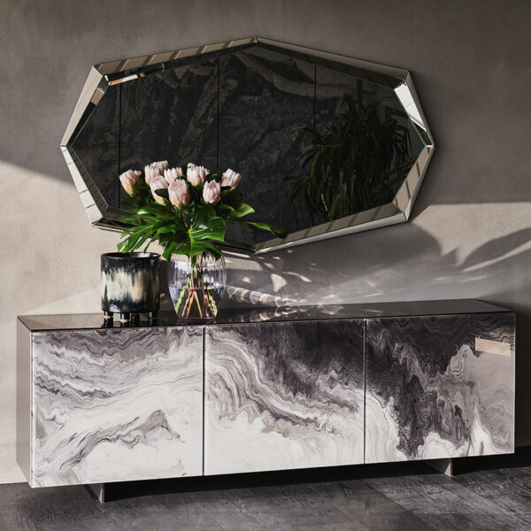 “FOCUS Crystalart by Cattelan Italia – modern Italian sideboard with printed glass doors and elegant metal frame”