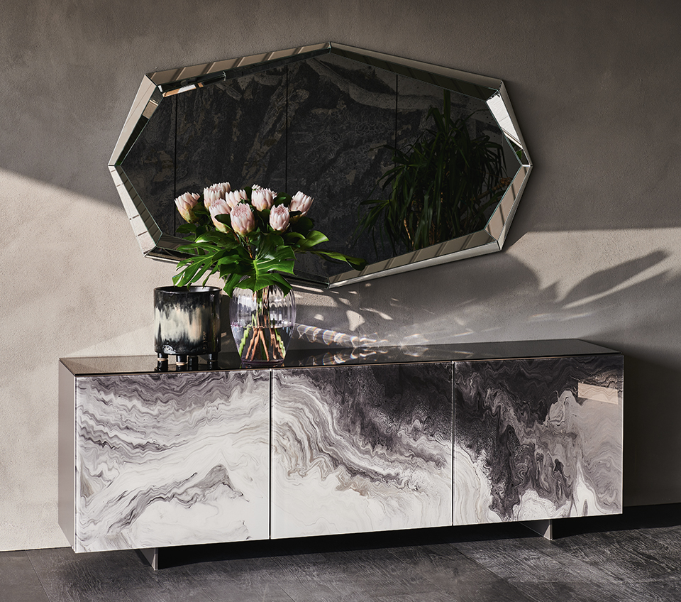 “FOCUS Crystalart by Cattelan Italia – modern Italian sideboard with printed glass doors and elegant metal frame”