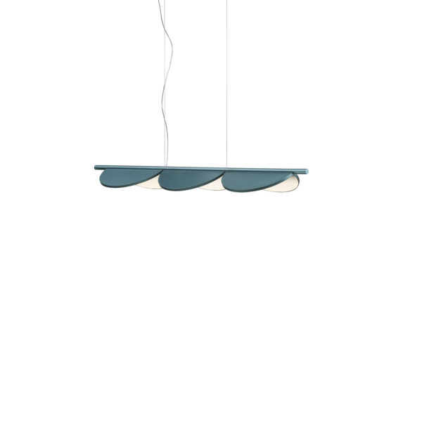 Almendra Linear by Flos, Almendra Linear S3 pendant in anthracite, featuring three overlapping half-disc light modules suspended from slim cables over a dining table.