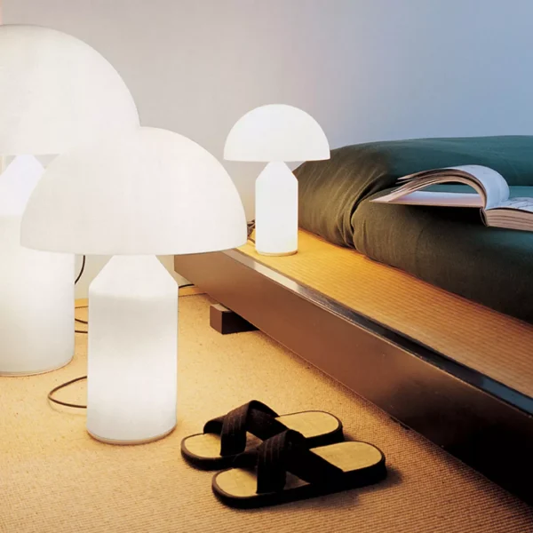  “Atollo Glass by Oluce iconic Italian table lamp – modern blown glass design with sculptural geometric silhouette”
