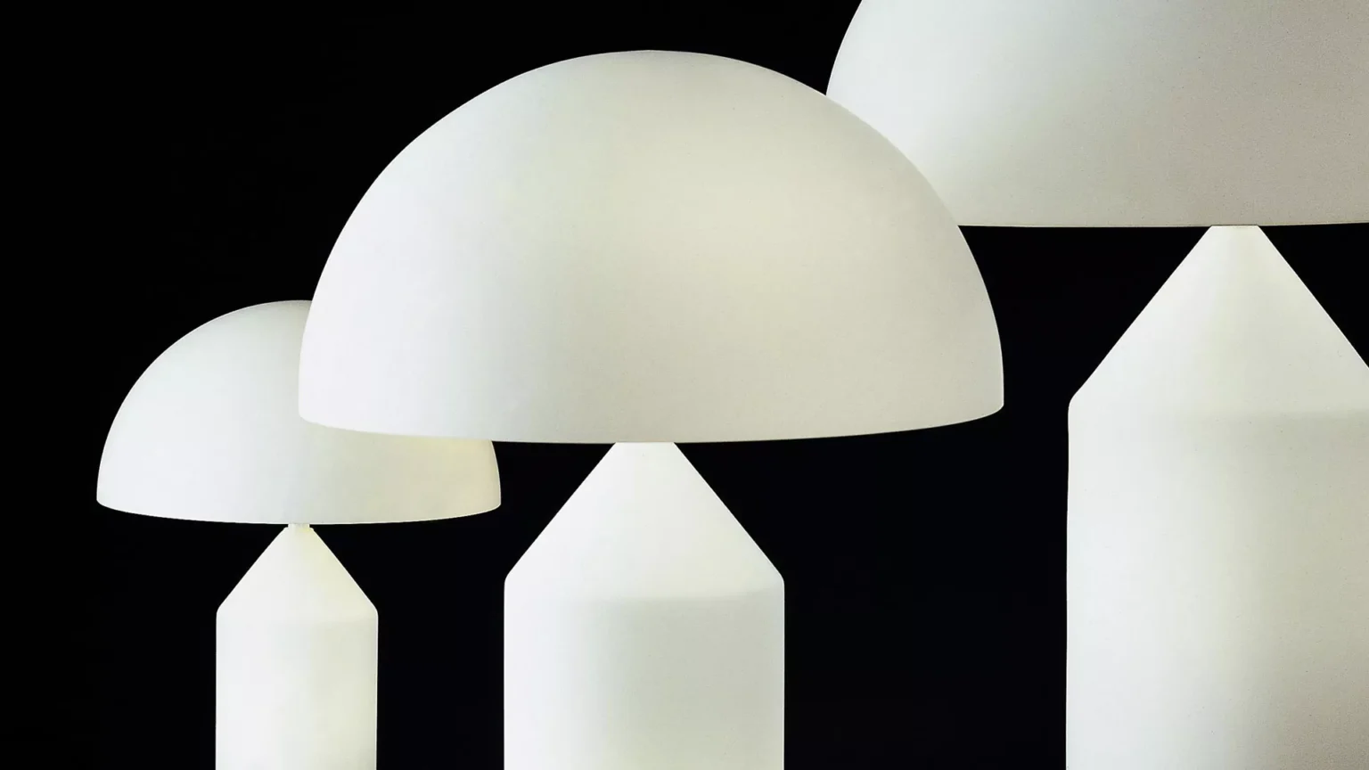 “Atollo Glass by Oluce contemporary designer lighting – elegant white glass dome lamp with minimalist cylinder base”