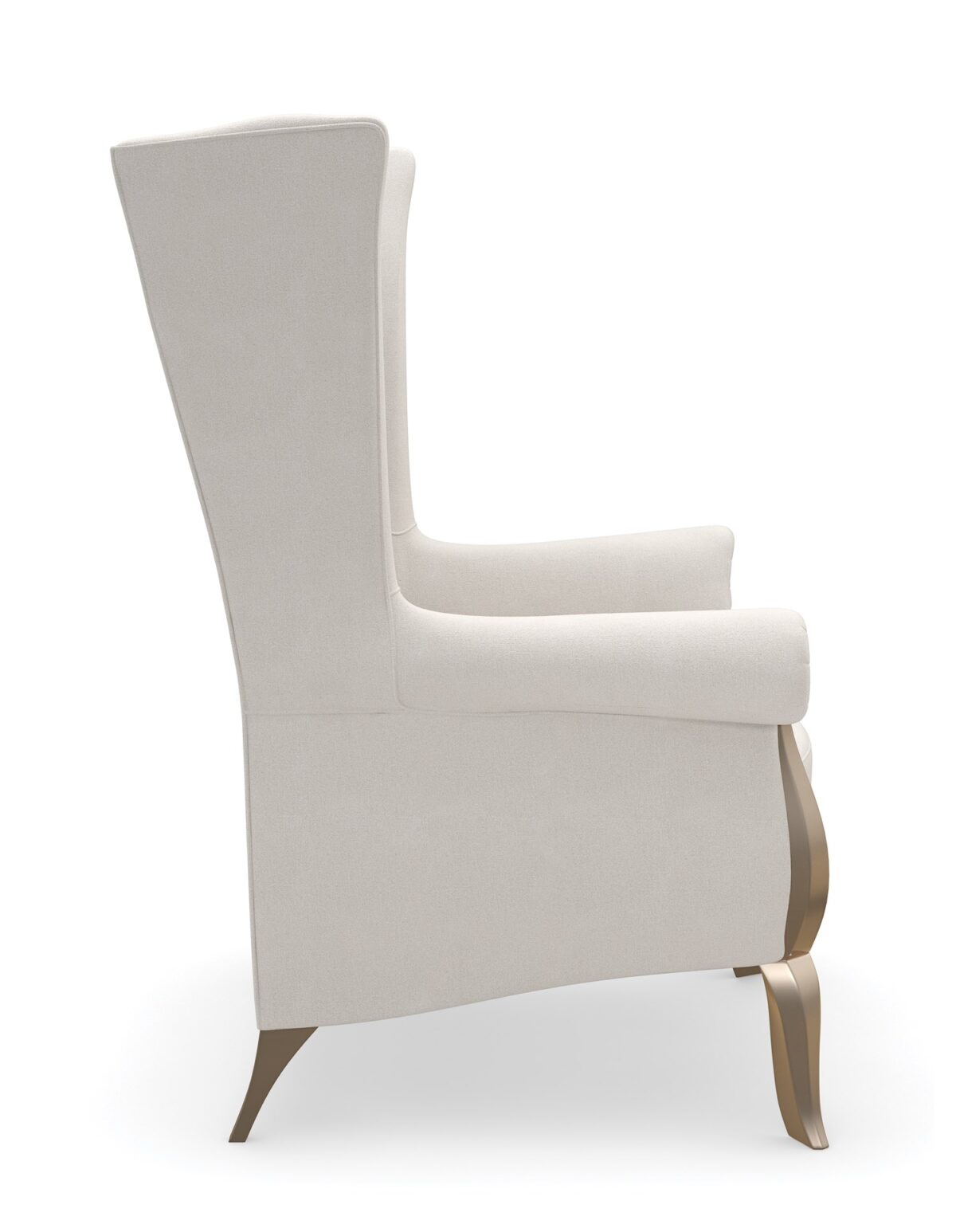 The Caracole Valentina Accent Chair, a sophisticated wing chair with a tall channel-tufted back, wood-trimmed roll arms, upholstered in a light cream pin-dot fabric, and featuring exposed wood details in a Golden Shimmer finish.
