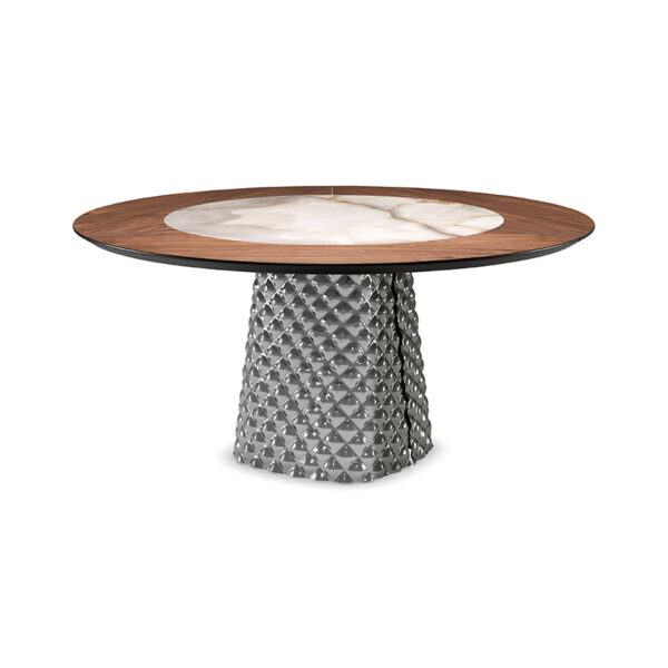 “ATRIUM Ker-Wood Round by Cattelan Italia – round Italian dining table with wood and ceramic top, sculptural glass base, and contemporary design”