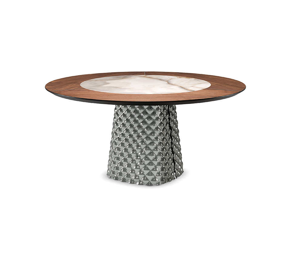“ATRIUM Ker-Wood Round by Cattelan Italia – round Italian dining table with wood and ceramic top, sculptural glass base, and contemporary design”