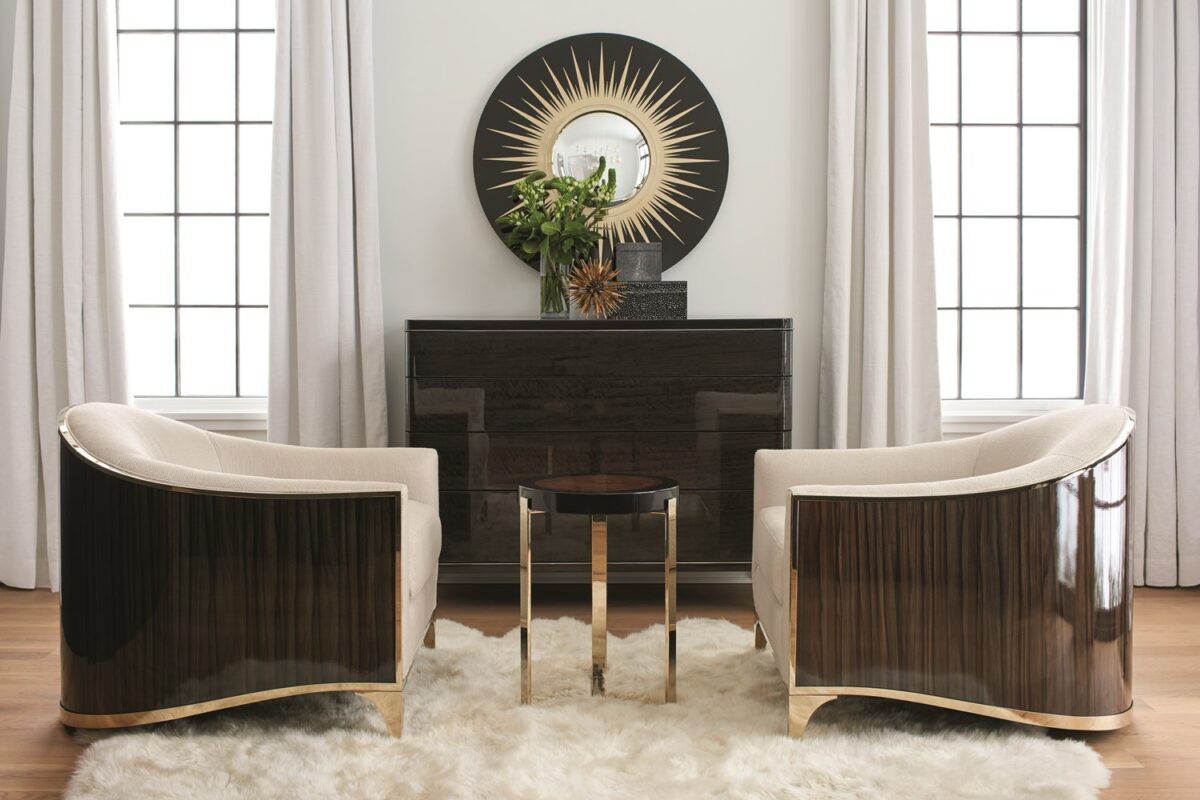 The Svelte Chair by Caracole, a sophisticated barrel chair with a shimmering Moonstone basketweave fabric interior, a tone-on-tone novelty eyelash embroidery exterior, and a Majestic Gold stainless steel frame.