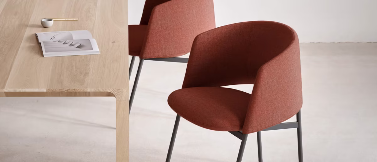 Modern dining chair with a sculptural curved backrest and sleek metal base.
