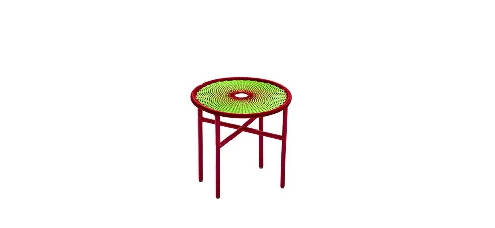 Banjooli chair by Moroso with a curved woven backrest and angled legs, crafted from colorful plastic threads and metal.
