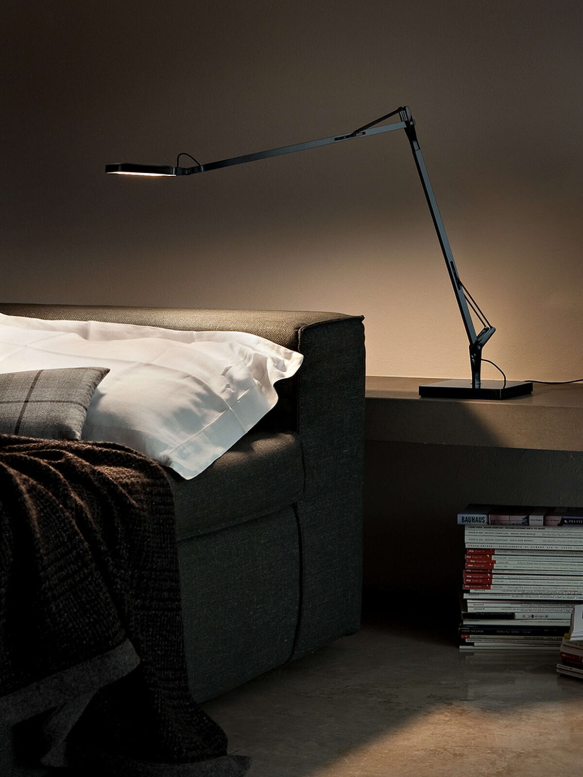 Kelvin LED Base by Flos side profile highlighting double pantograph adjustment and counterweight spring mechanism in a Troy Michigan setting