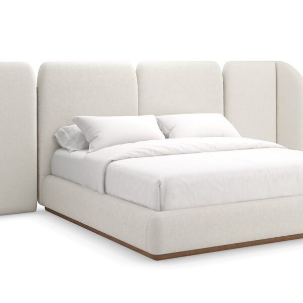 Caracole Malta Upholstered King Bed featuring a fully upholstered frame in deep-pile microfiber, complemented by a Toasted Pecan wood base, with softly rounded edges and a soothing symmetrical design.