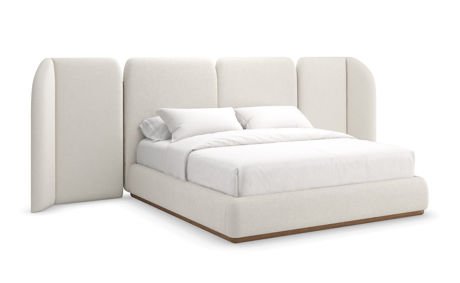 Caracole Malta Upholstered King Bed featuring a fully upholstered frame in deep-pile microfiber, complemented by a Toasted Pecan wood base, with softly rounded edges and a soothing symmetrical design.