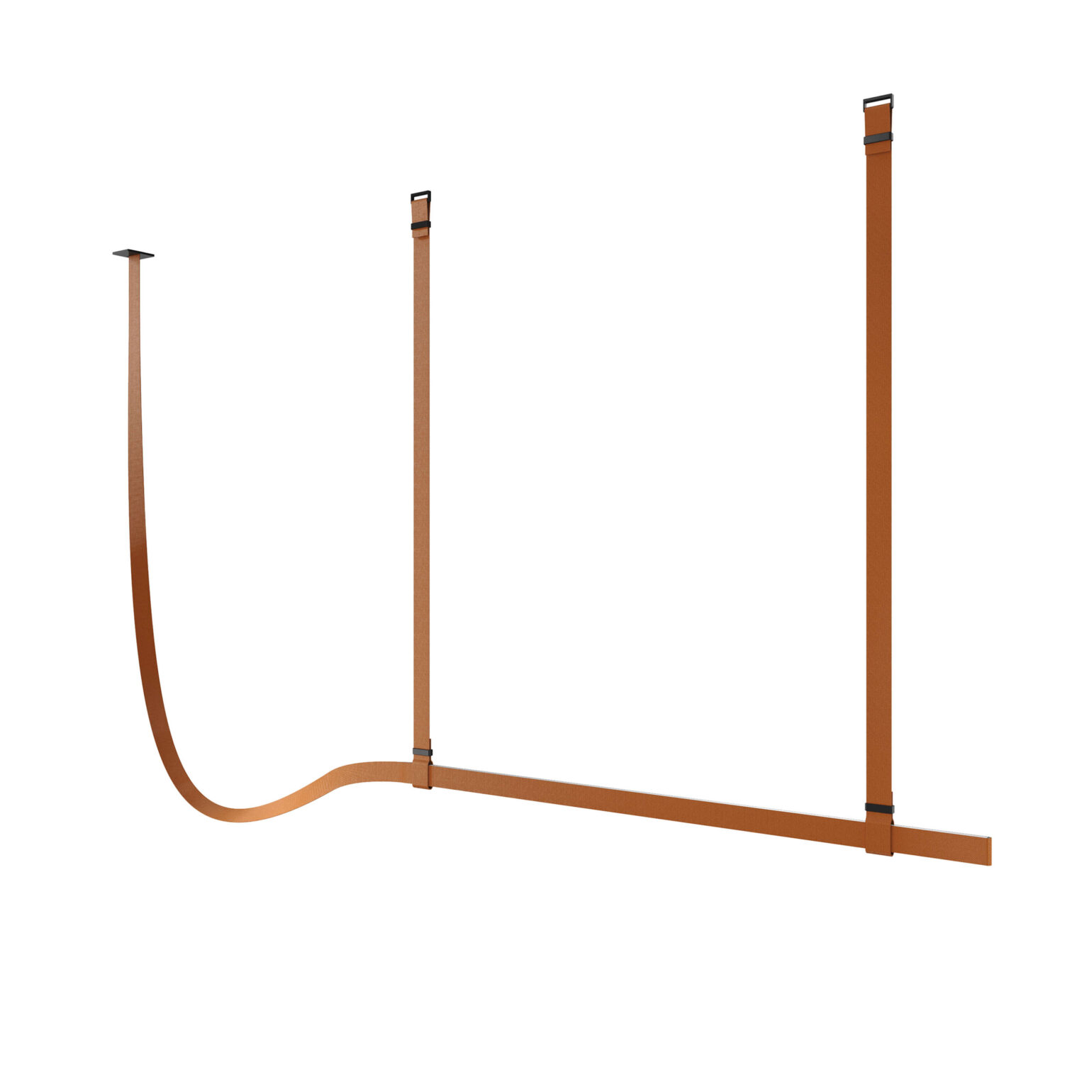 Long linear pendant clad in copper‑brown fabric, suspended by matching straps with concealed electrical wiring.