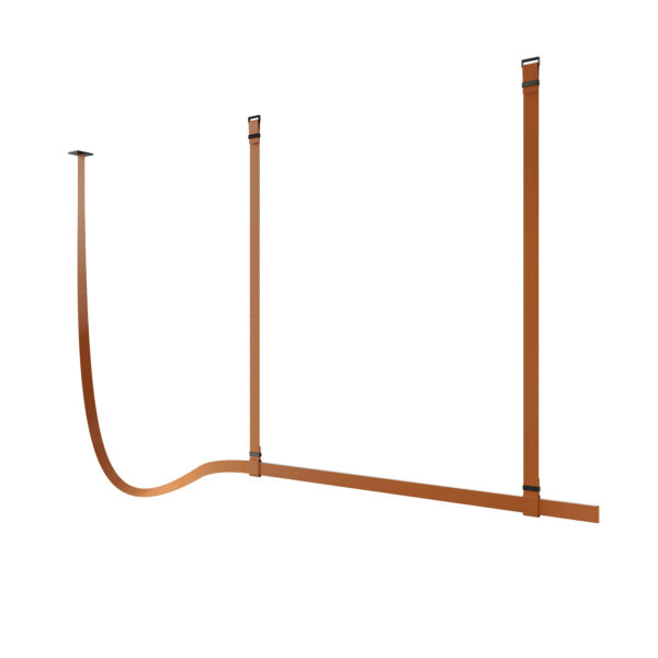 Long linear pendant clad in copper‑brown fabric, suspended by matching straps with concealed electrical wiring.