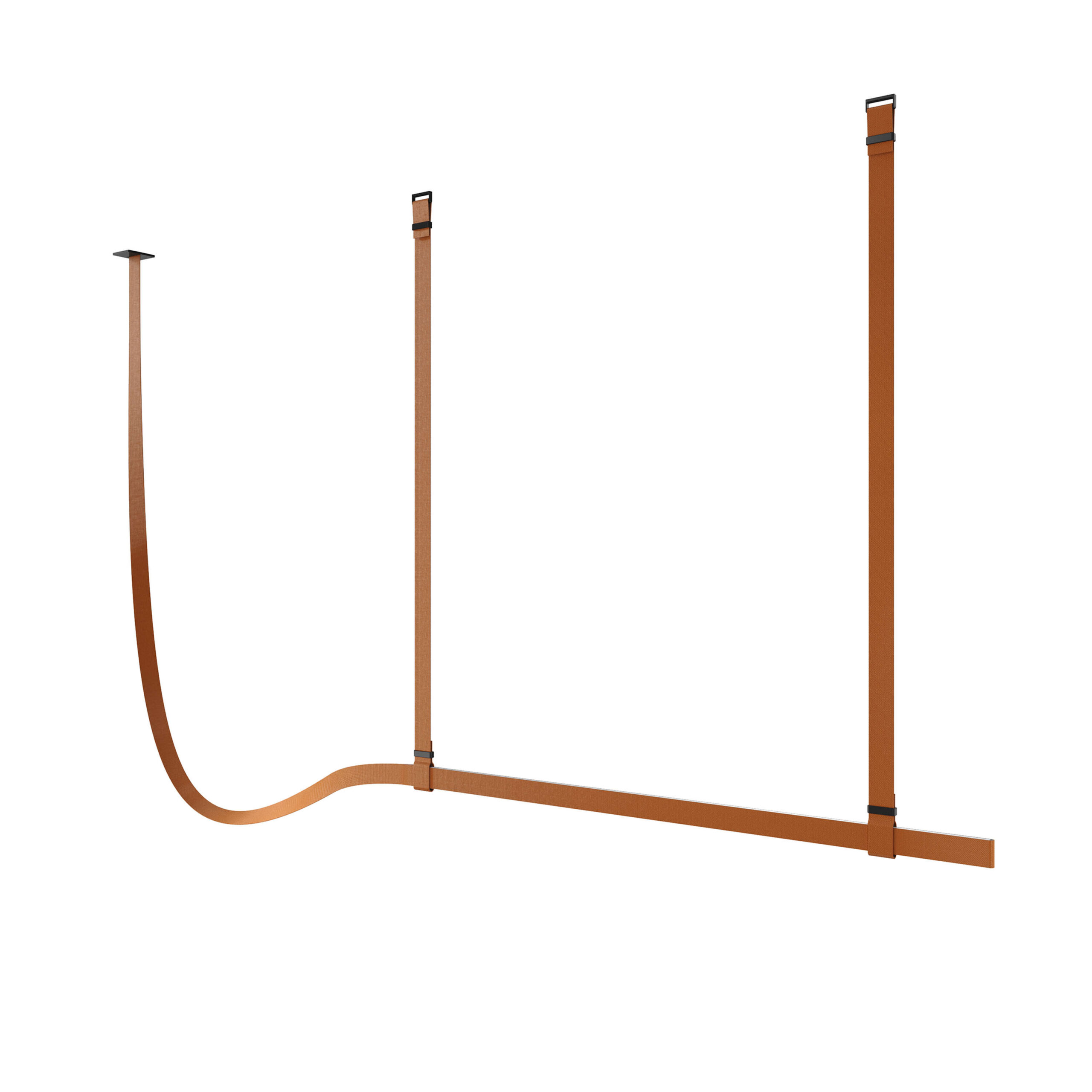 Long linear pendant clad in copper‑brown fabric, suspended by matching straps with concealed electrical wiring.
