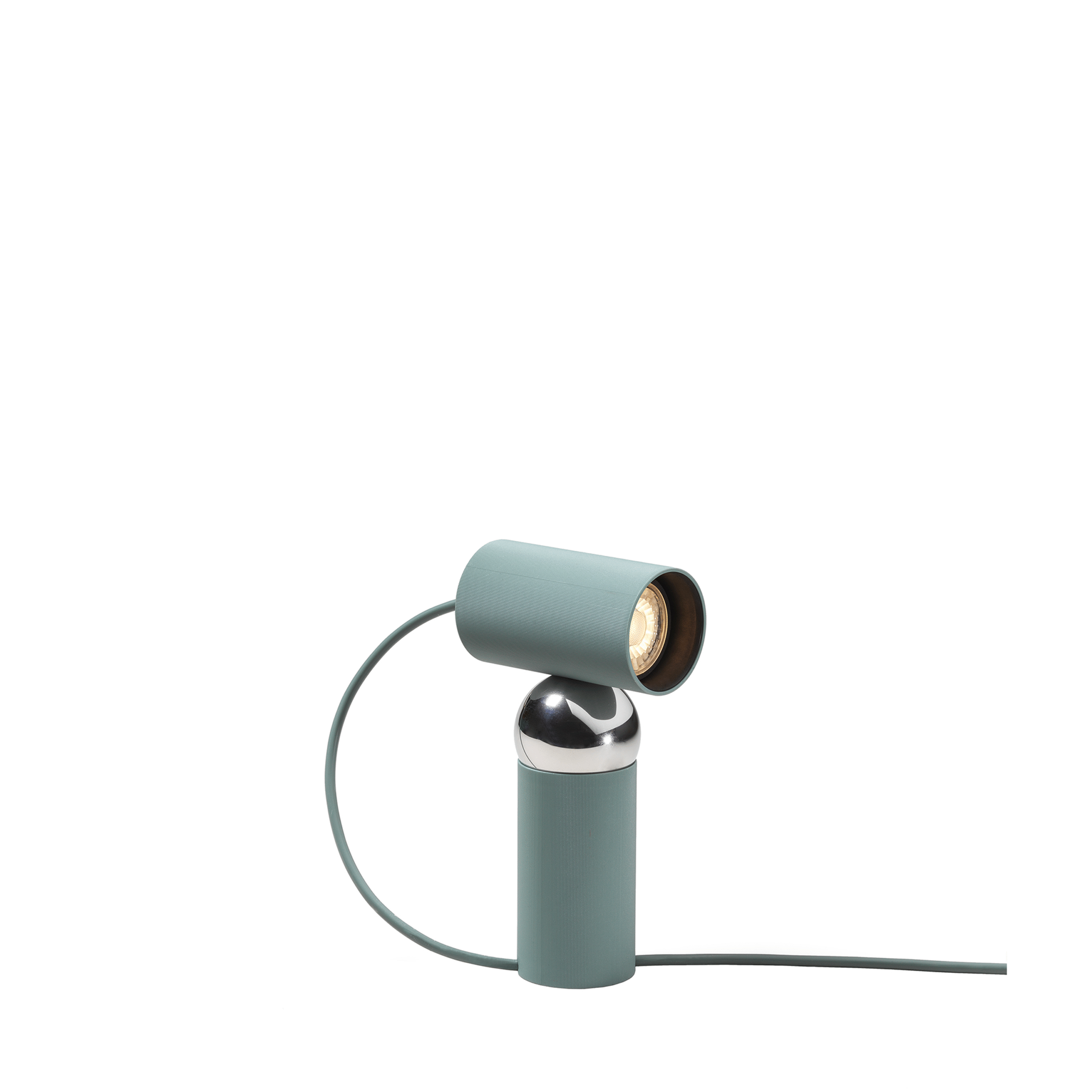 Bilboquet by Flos, Bilboquet Table Lamp by Flos in tomato-colored recycled polycarbonate with magnetic steel joint, front view in a Royal Oak Michigan showroom