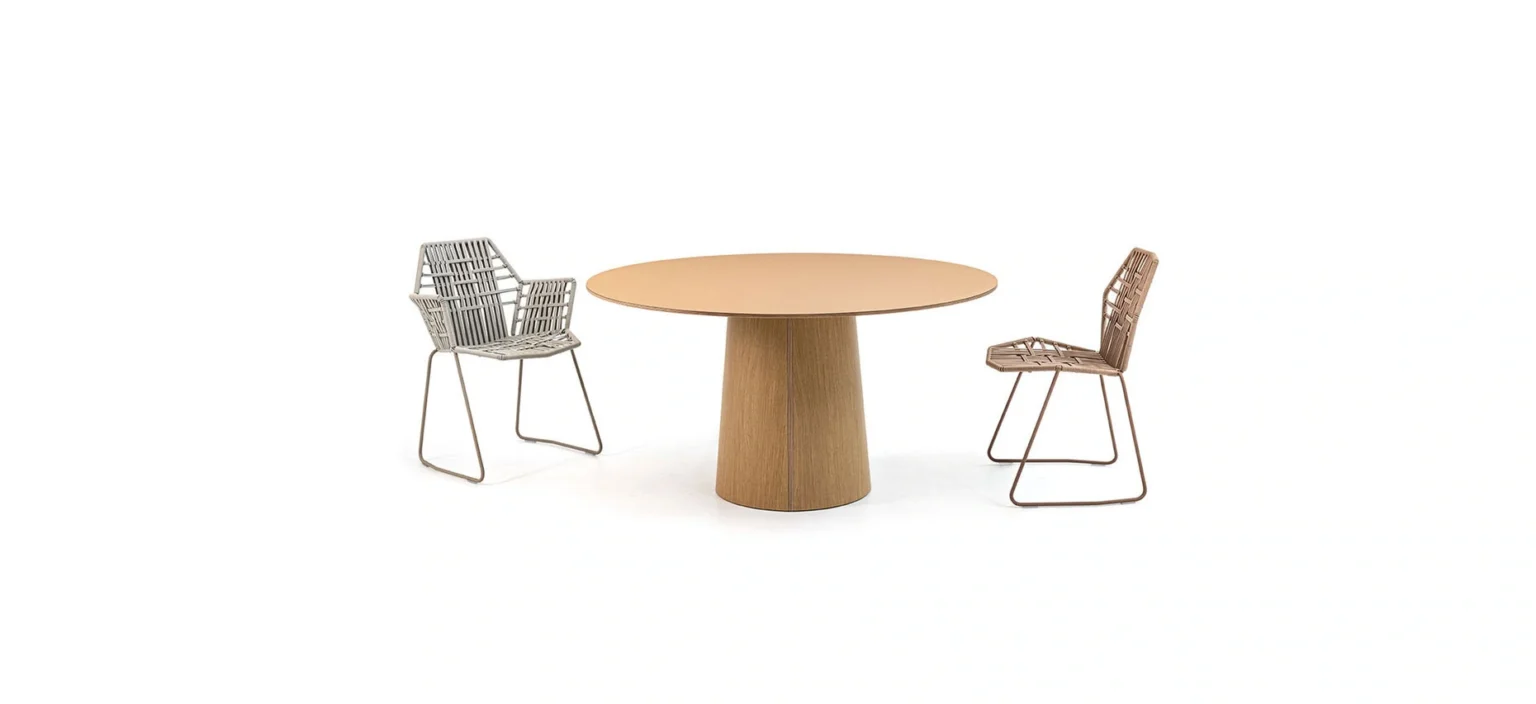 Vol Table by Moroso in linoleum walnut finish, front view in Royal Oak Michigan showroom