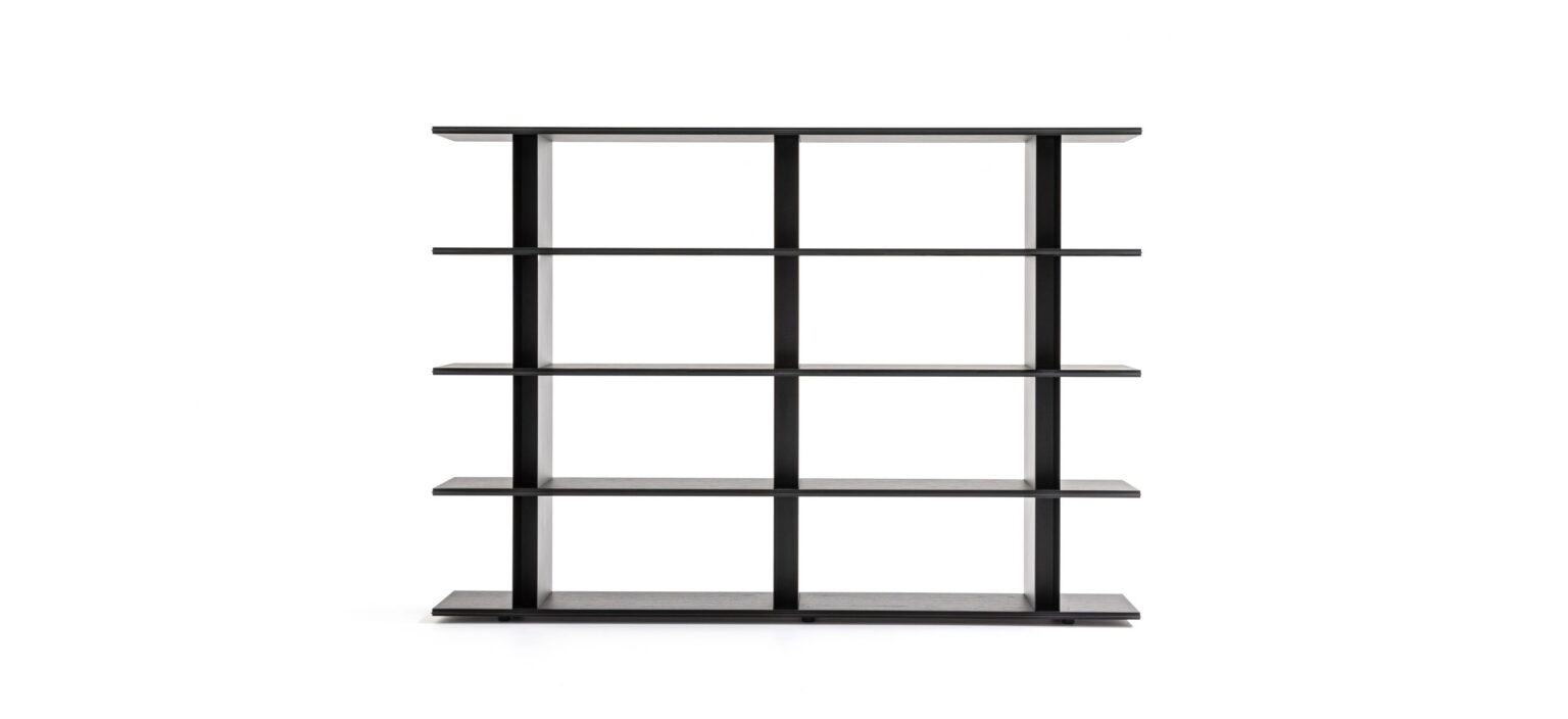 Frame‑Shift used as a room-divider in open space, with alternating open shelves and wood‑veneer backing creating a see‑through effect