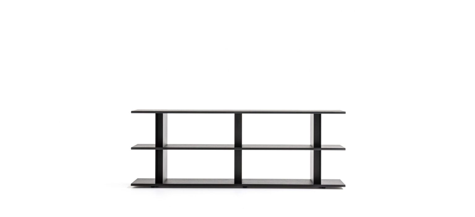 Side-on view of Frame‑Shift showing five-tier shelving, extruded aluminum frame edges, and glossy white sliding door.