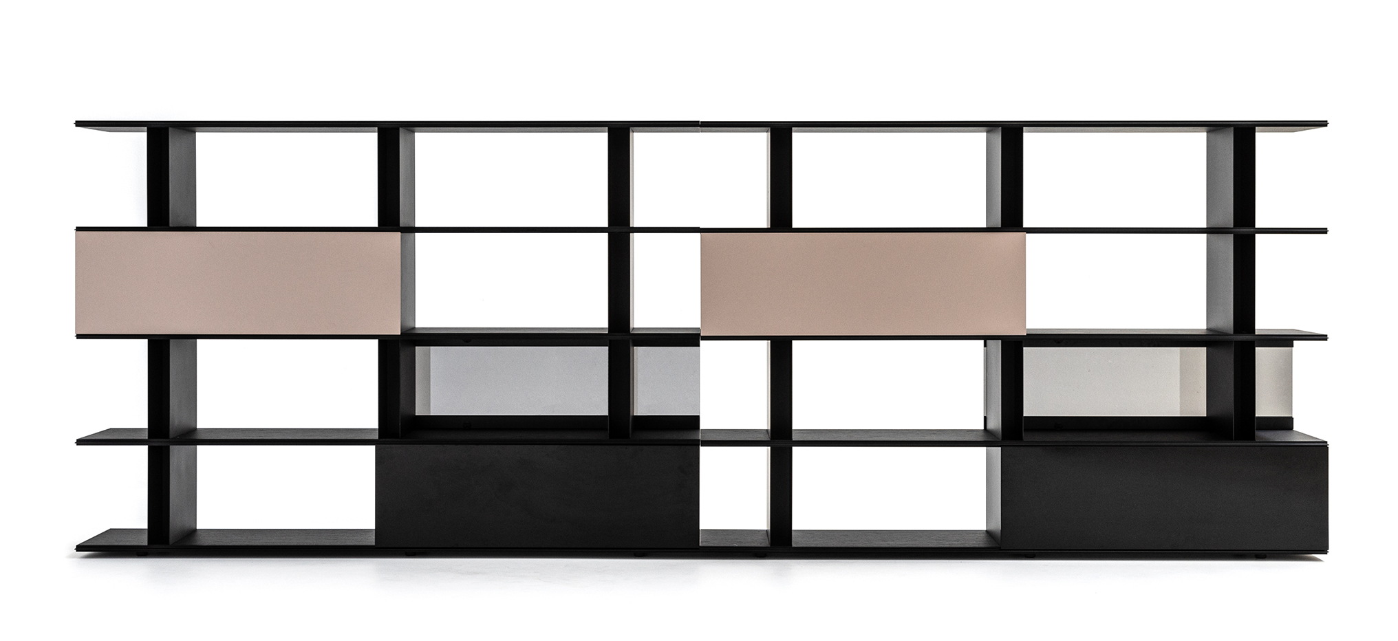 Frame‑Shift modular bookcase in black powder‑coated steel with overlapping horizontal wood shelves and taupe sliding panel.