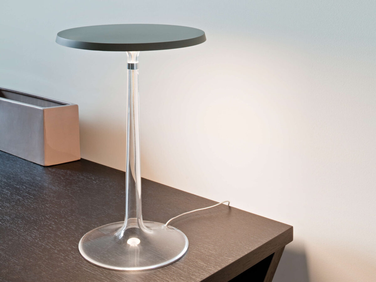 Bon Jour Table Lamp by Flos rear view emphasizing interchangeable crowns in copper, white, or matte finishes in a Royal Oak Michigan display