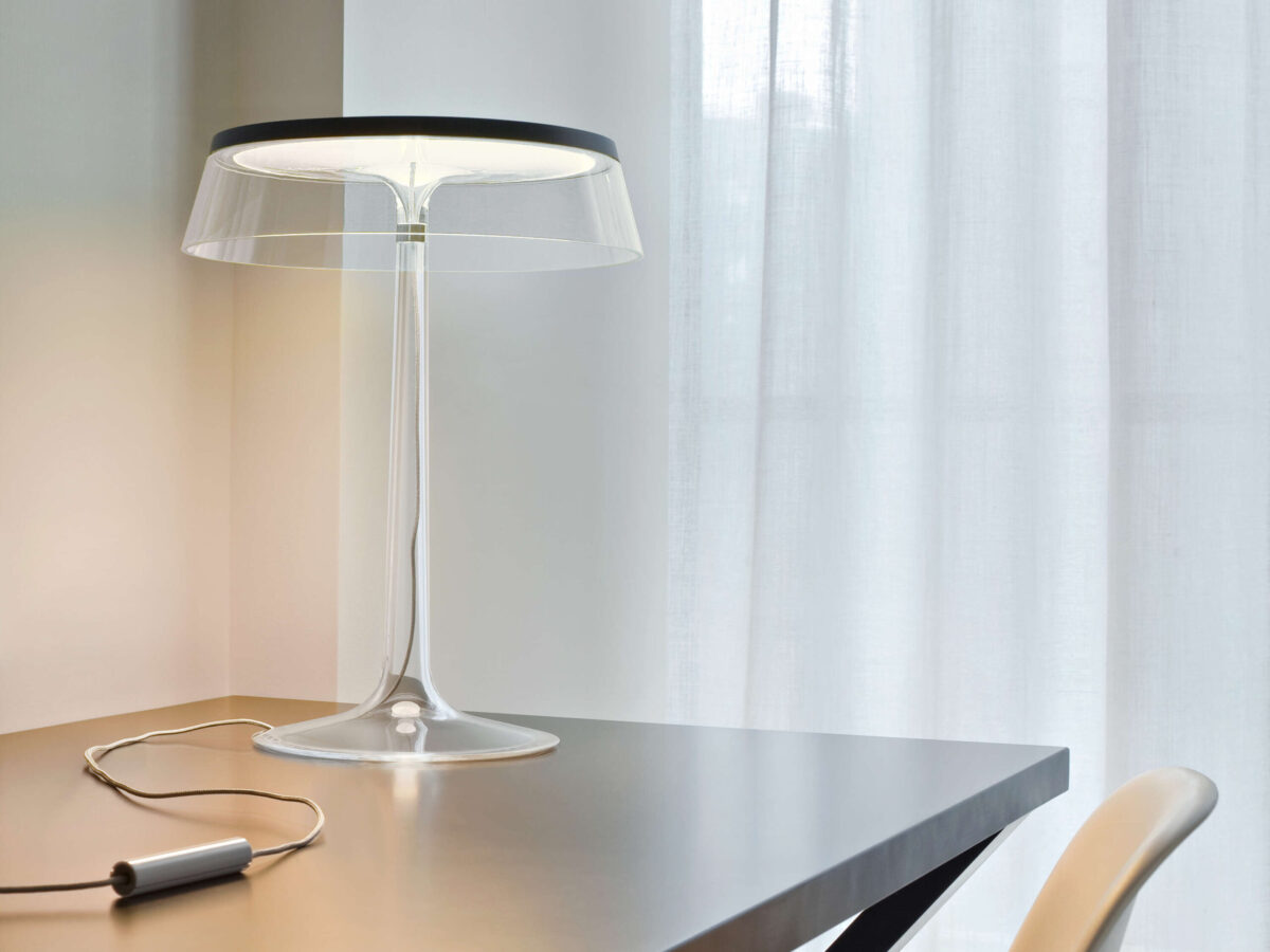 Bon Jour Table Lamp by Flos close‑up of glazed PMMA diffuser and satin finish dimmer switch at the Michigan Design Center