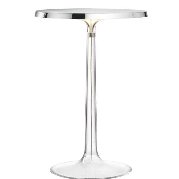 Bon Jour by Flos, Bon Jour Table Lamp by Flos with clear injection‑molded PMMA base and edge‑lit LED diffuser, front view in a Royal Oak Michigan showroom