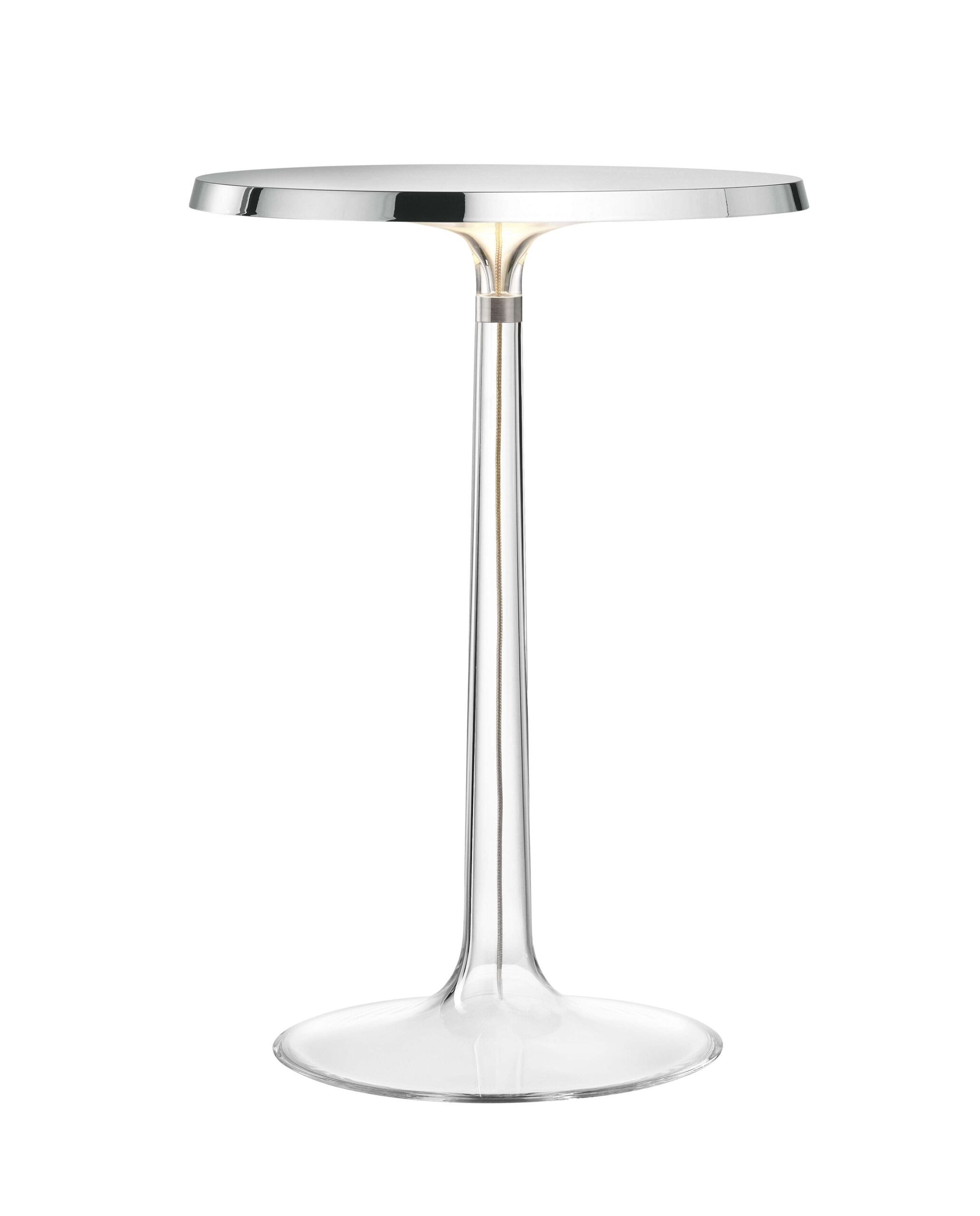Bon Jour by Flos, Bon Jour Table Lamp by Flos with clear injection‑molded PMMA base and edge‑lit LED diffuser, front view in a Royal Oak Michigan showroom