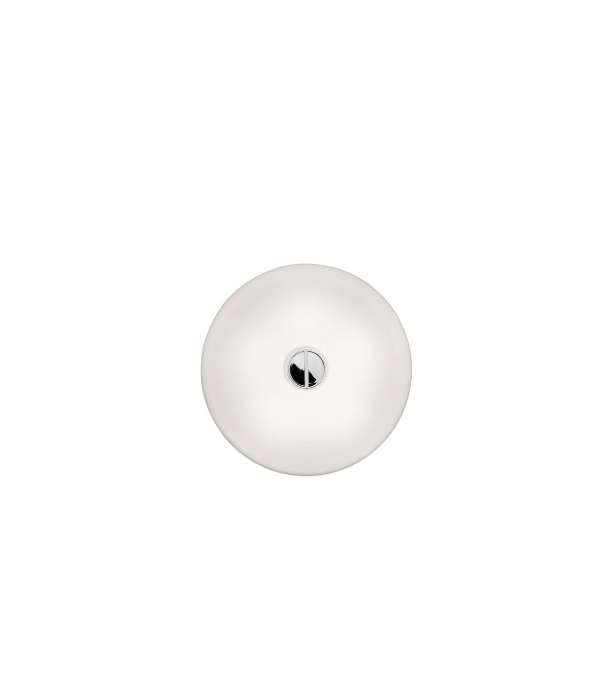 A large, round Flos Button HL lamp, featuring a flat, white opaline glass diffuser mounted flush against a wall or ceiling, providing soft, diffused light.