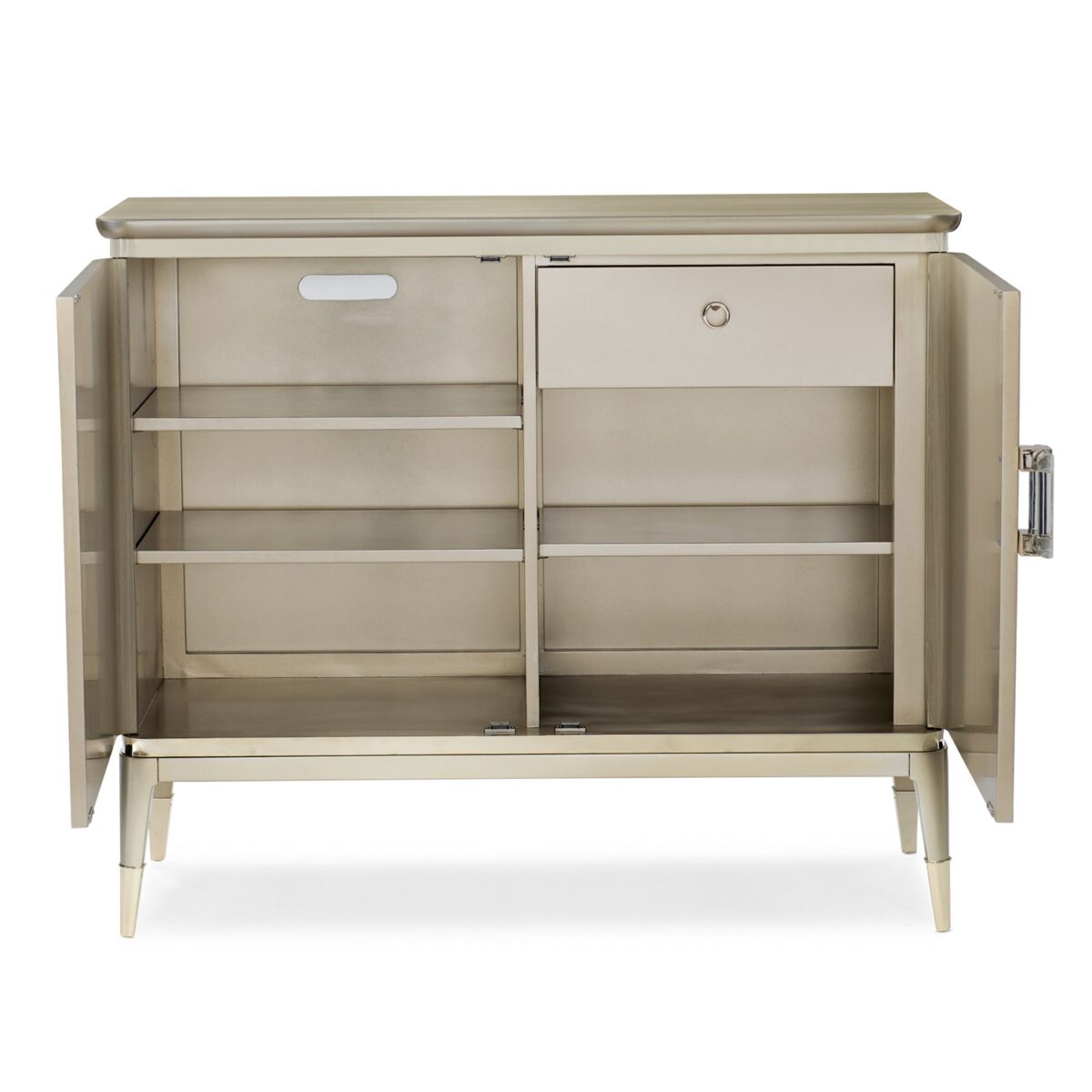 The Caracole "A Shimmer of Light" chest, a transitional storage piece with a shimmering Champagne Shimmer finish, a subtle silkscreened leaf pattern in Taupe, and elegant plated Whisper of Gold trim, ferrules, and hardware.
