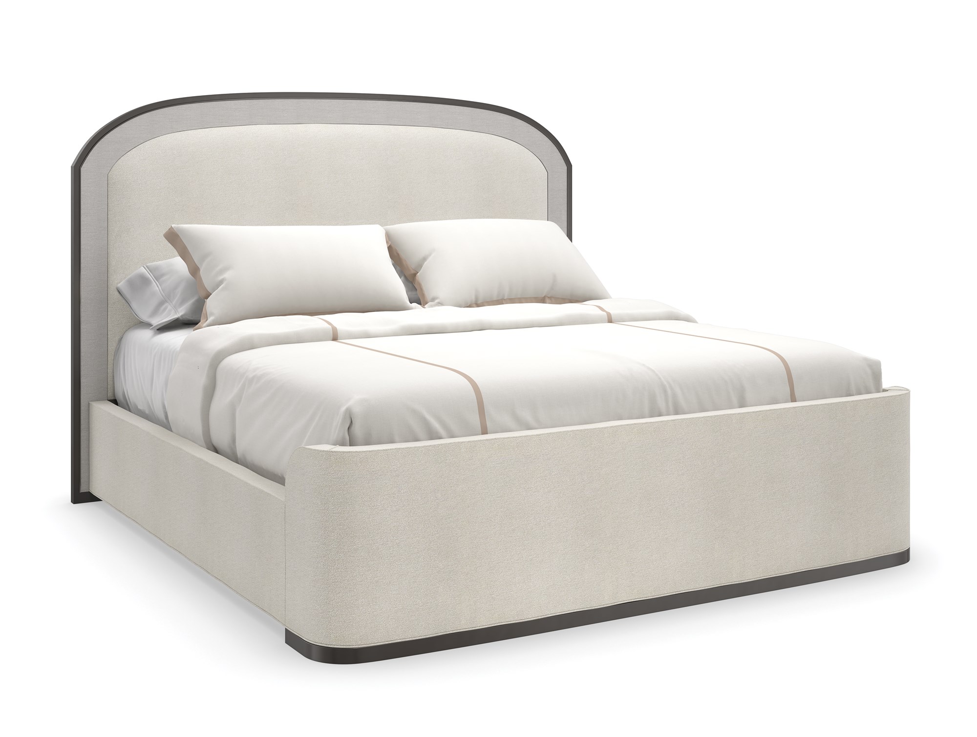 A WANDERLUST King Bed by Caracole in a well-appointed bedroom, demonstrating its ability to anchor the space with its grand proportions and luxurious details.